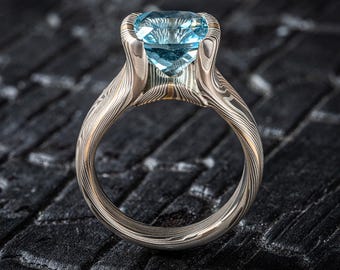 Statement Mokume Gane and Aquamarine Ring
