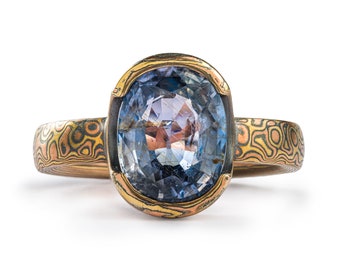Mokume Gane Engagement Ring: Blue Sapphire, Fire Palette, Droplet Pattern