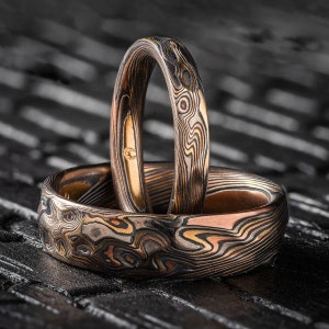 Anillo Kazaru Mokume Gane en paleta Firestorm y patrón Twist