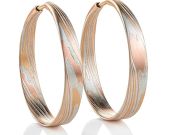 Gold and Silver Mokume Gane Hoop Earrings