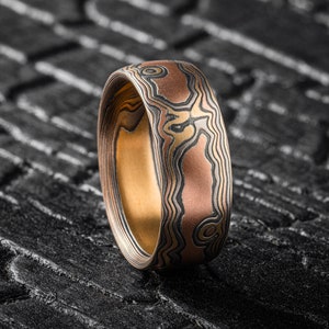 Artisan Mokume Gane Ring or Wedding Band in Firestorm Palette and Woodgrain Pattern