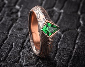 Green Garnet Mokume Gane Ring - Cathedral Setting, Mixed Metals