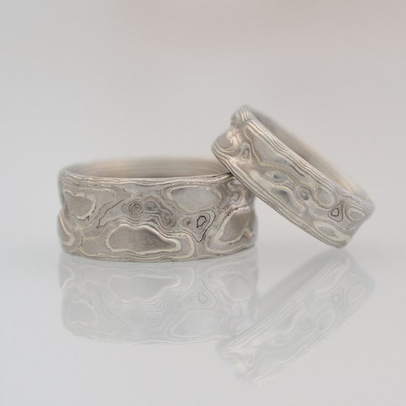 Mokume Gane Wedding Band Set in Guri Bori Pattern and Custom Palette Mokume Gane Wedding Band Set in Guri Bori Pattern and Custom Palette
