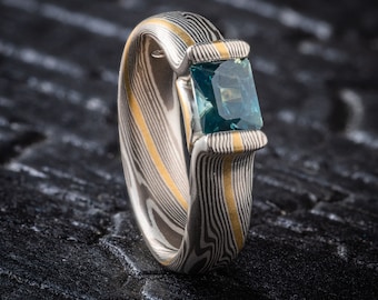 Twist Mokume Gane Ring: Ash Metal with Yellow Gold and Sapphire