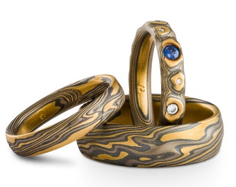 Mokume Gane # Ring Wedding Ring Set with Sapphire & Diamonds