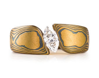 Sophisticated Diamond Tension Set Wedding Ring in Woodgrain Pattern