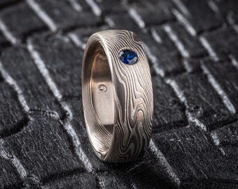 Blue Sapphire Mokume Gane Ring - Twist Pattern, Ethical Metals