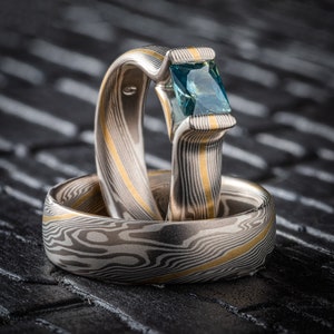 Elegant Mokume Gane Set in Palladium and Silver Palette with Bloom Set Sapphire