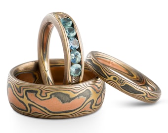 Mokume Gane Wedding Ring Set: Open Channel Set Blue Sapphires