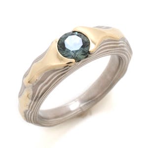 Hand Crafted Mokume Gane Ring Wedding Ring Cathedral Guri Bori in Ash Palette with Yellow Gold Ridgeline and Sapphire
