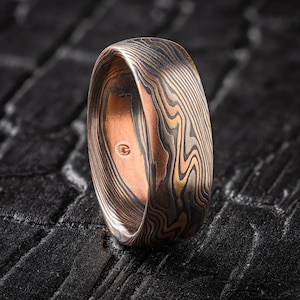 Unique Mokume Gane Wedding Band or Ring in Firestorm Palette and Twist Pattern