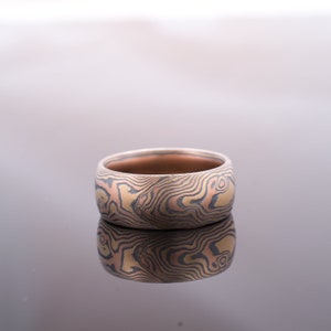 Mokume Gane Ring Wedding Band Woodgrain Pattern in Oxidized Fire Palette