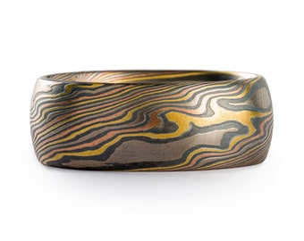 Handcrafted Mokume Gane Ring or Wedding Band in Firestorm Palette and Twist Pattern