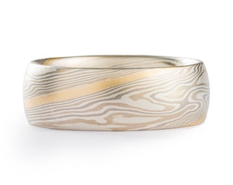 Hand Crafted Mokume Gane Wedding Band or Ring in Twist Pattern and Smoke Palette with Yellow Gold Stratum