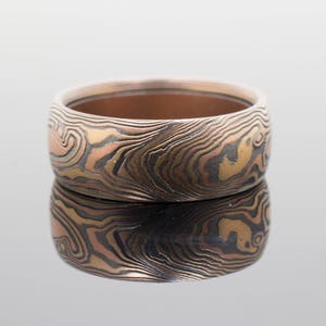 Mokume Gane Ring Wedding Band Woodgrain Pattern in Oxidized Fire Palette