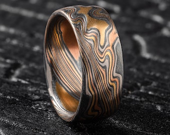Mokume Gane Textured Wedding Band or Ring with Etched and Oxidized Silver