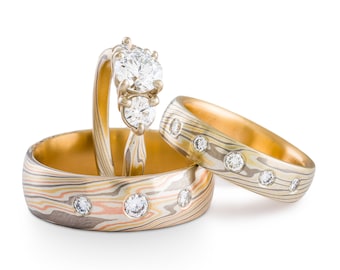 Mokume Gane Ring Set or Three Part Wedding Set in Flare and Firestorm Palettes and Twist Pattern with Diamonds