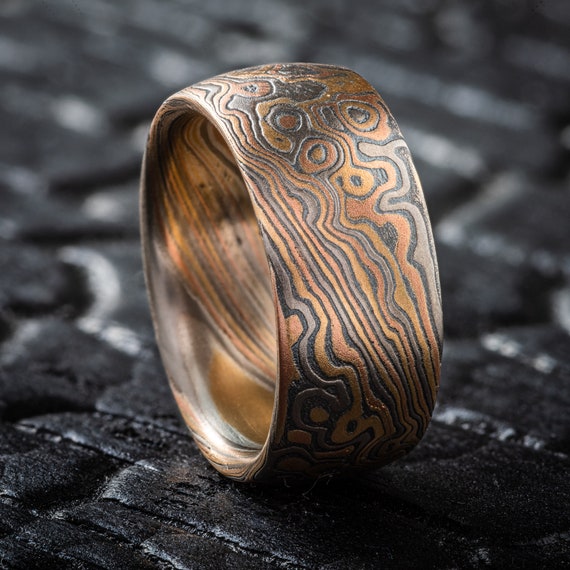 Mokume Gane Wedding Band Set: Twist Droplet Pattern, Firestorm