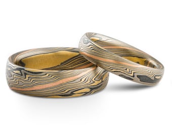 Red River Mokume Gane Rings or Wedding Band Set in Twist Pattern and Flare Palette with Stratum