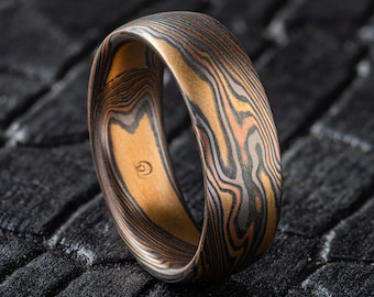 Mokume Gane Ring Wedding Band in Twist Pattern Oxidized Firestorm Palette