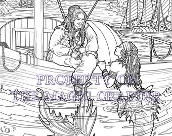 MERMAID AND PIRATE - Printable Mermaid Coloring Page for Adults (Mermaid Shadow with Gan Ning adult coloring page) by The Magic Crafter