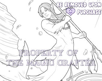 SHARK MERMAN - Printable Warrior Merman Coloring Page for Adults (a shark merman with a spear and a shipwreck) by The Magic Crafter