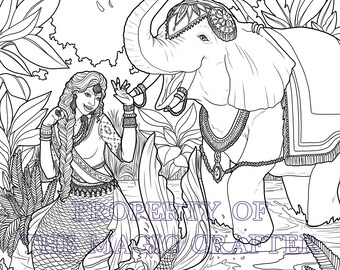 INDIAN JALPARI PRINCESS - Printable Mermaid Coloring Page for Adults (with an ornate elephant in the jungles of India) by The Magic Crafter