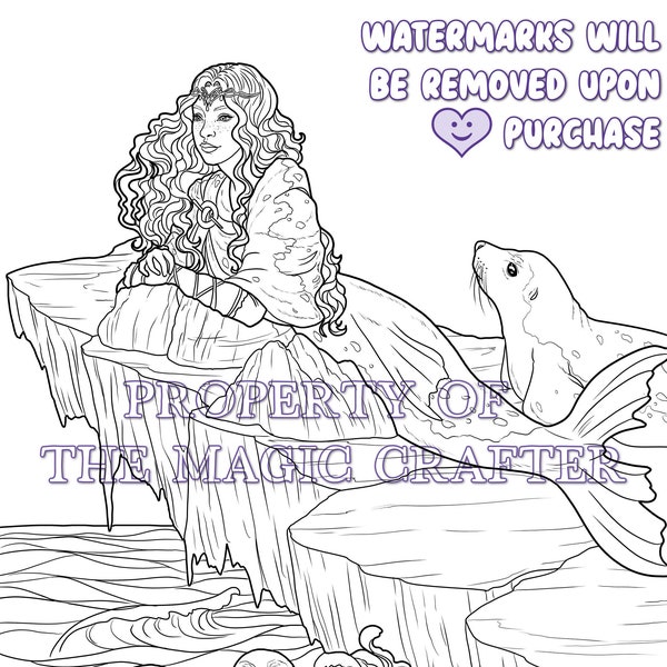 SELKIE MERMAID - Printable Seal Mermaid Coloring Page for Adults (a lovely seal mermaid inspired by Celtic Selkies) by The Magic Crafter