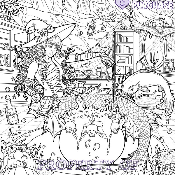 HALLOWEEN MERMAID WITCH - Printable Mermaid Coloring Page for Adults (Halloween Mermaid Witch and Cauldron with Catfish) The Magic Crafter