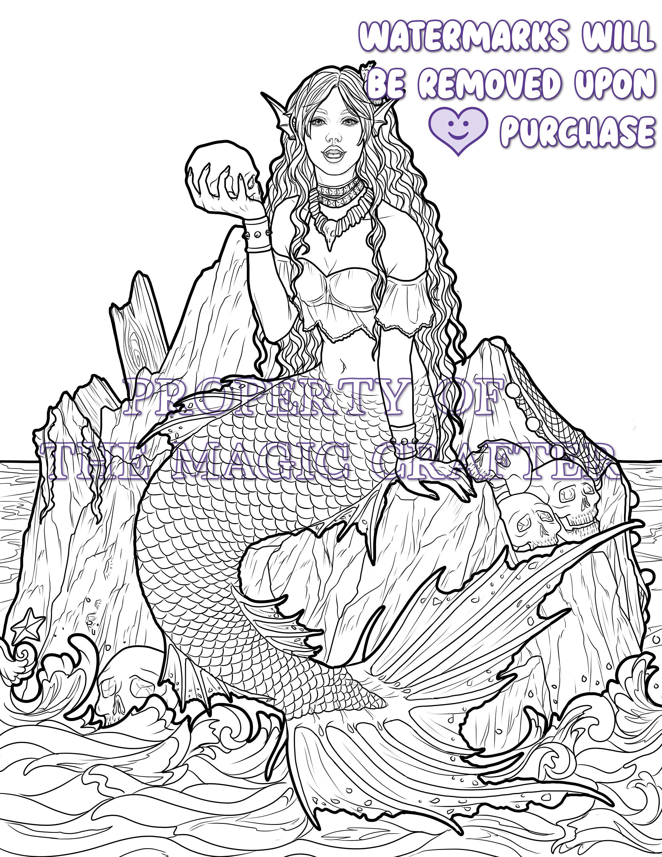 Gothic Mermaid Dragon Coloring Book Page