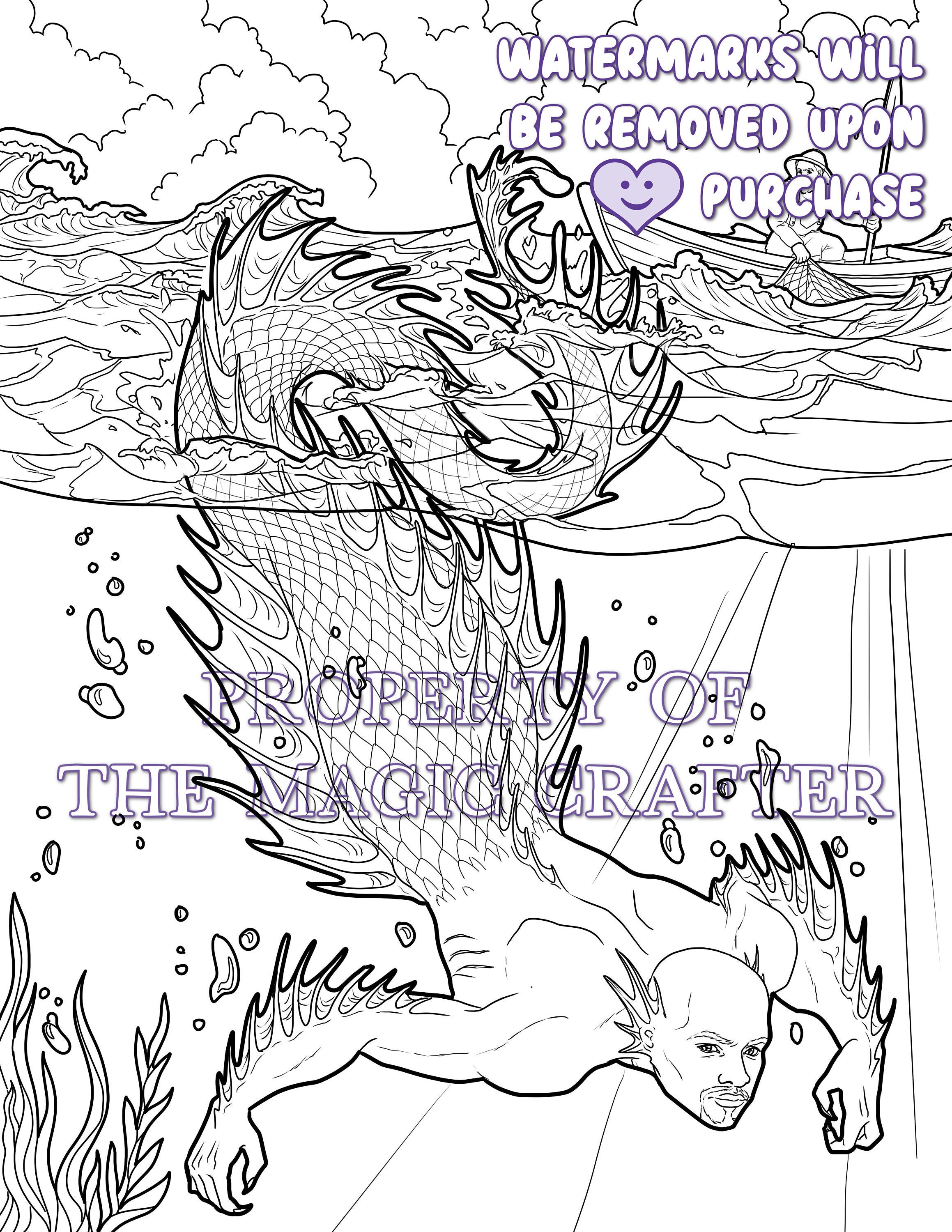 SEA SERPENT MERMAN - Printable Sea Serpent Merman Coloring Page for ...
