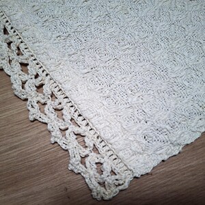 May include: Cream-coloured, hand-crocheted textile with a textured, square pattern. The edge has a decorative, openwork border. The piece is displayed on a wooden surface, highlighting the intricate craftsmanship and design.