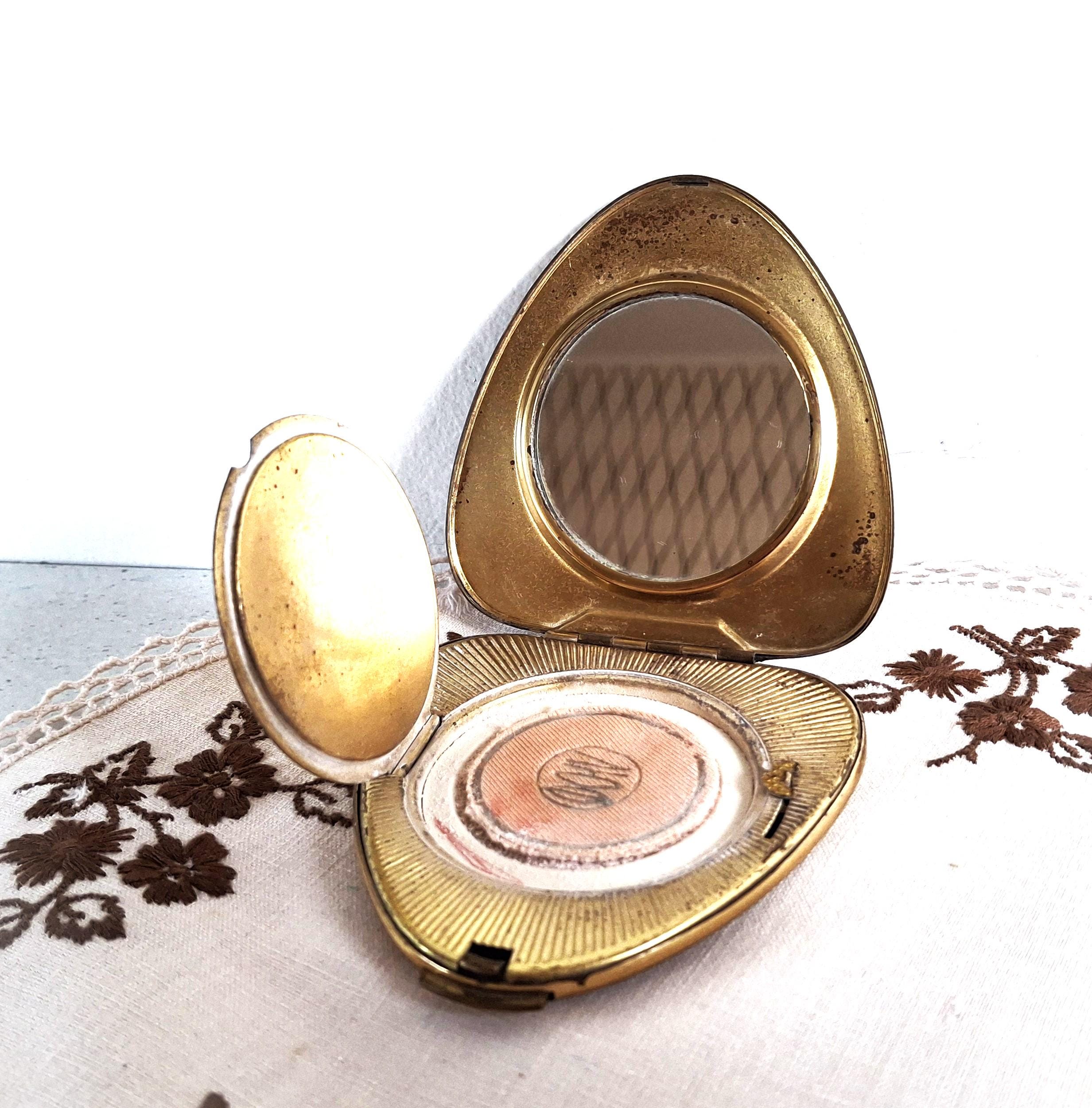 Poudrier Ancien Métal Argenté Et Doré Avec Miroir - Occasion Bon état, Boîte De Maquillage Vintage