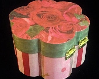 Romantic Hand-painted and decoupaged, flower-shaped wooden box