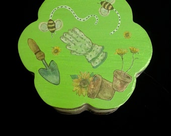 Gardening Flower-shaped, hand-painted and decoupaged wooden box