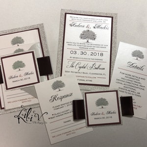 Elegant Tree Of life Wedding Invitation Set Enchanted Forest Oak Tree invite autumn with red heart fantasy and initials.