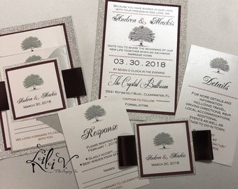 Elegant Tree Of life Wedding Invitation Set Enchanted Forest Oak Tree invite autumn with red heart fantasy and initials.