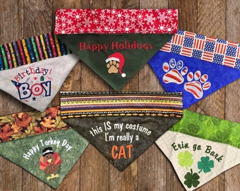Holiday Dog Bandana Gift Pack Over Collar Birthday, Custom Embroidered Dog Bandana Christmas dog, Halloween Patricks Thanksgiving Patriotic