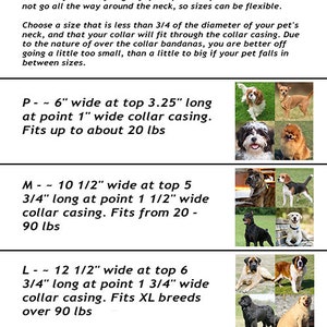 May include: A size chart for dog bandanas with measurements in inches and pounds. The chart shows the width and length of the bandana at different points, as well as the weight range it fits. The chart also includes pictures of dogs wearing the bandanas.