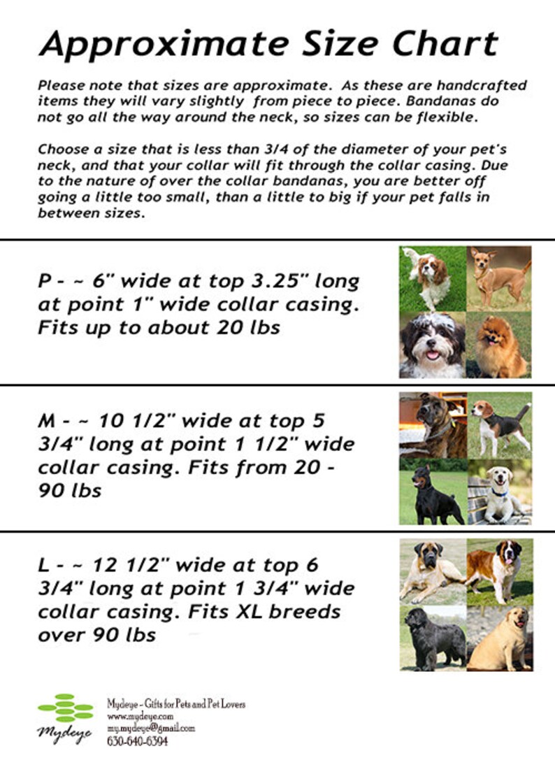 May include: A size chart for dog bandanas with measurements in inches and pounds. The chart shows the width and length of the bandana at different points, as well as the weight range it fits. The chart also includes pictures of dogs wearing the bandanas.