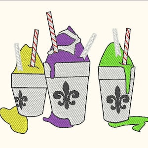 May include: Three snow cones in cups with red and white striped straws. The snow cones are yellow, purple, and green. Each cup has a fleur-de-lis design.