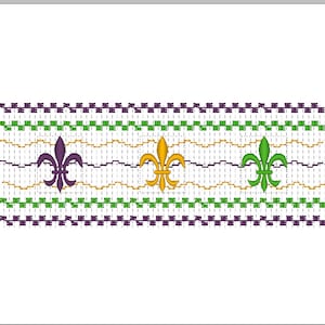 May include: A purple, gold, and green Mardi Gras themed border with three fleur-de-lis.