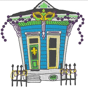 May include: A blue and green house with a white picket fence and purple beads. The house has a green door with a gold fleur-de-lis and a yellow mask above the door.