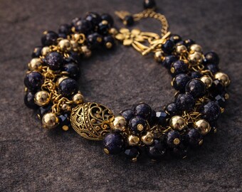 Blue Goldstone Bracelet. Dark Blue Celestial Ritual Jewellery with Gold Accent. Night Sky Crystal Bracelet