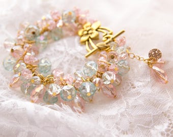 Crystal Cluster Bracelet, Artisan Statement Bracelet. Handmade Charm Bracelet. Beaded cluster bracelet. Romantic Bridal Cluster Jewellery