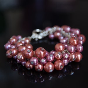Pink pearl Cluster Bracelet, Beaded Boho bracelet, Beaded jewelry, Wedding Bridesmaid gift, bold cluster bracelet, statement bracelet.