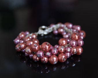 Pink Pearl Cluster Bracelet: Beaded Boho Statement Jewellery. Beaded jewelry, Wedding Bridesmaid gift, bold cluster bracelet.