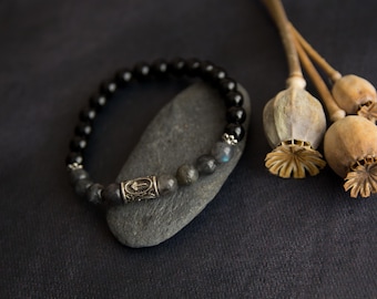 Tiwaz Rune Bracelet, Labradorite and Black Tourmaline, Grounding Crystal Bracelet, Norse Strength & Protection Talisman