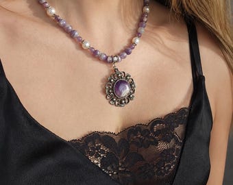 Ancestral Violet - Amethyst & Pearl Necklace with Reclaimed Vintage Thistle Pendant – Heirloom inspired Ritual Jewellery,  One of a Kind