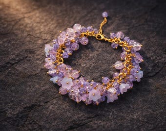 Lilac Crystal Cluster Bracelet. Violet Colour Ritual Jewellery. Floral Pastel Statement Bracelet. Dream Colour jewelry.